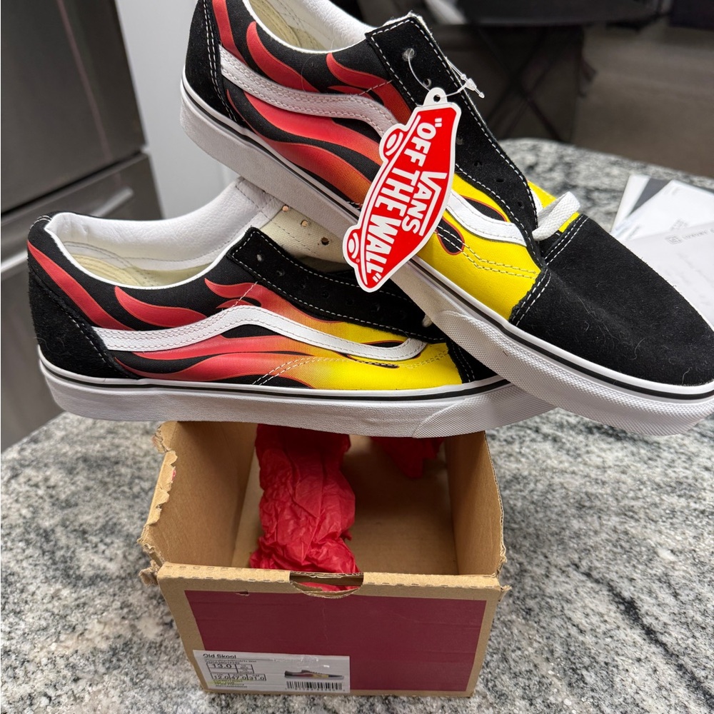 Vans Old Skool Sneakers with Flame Graphic - Black, Red, Yellow